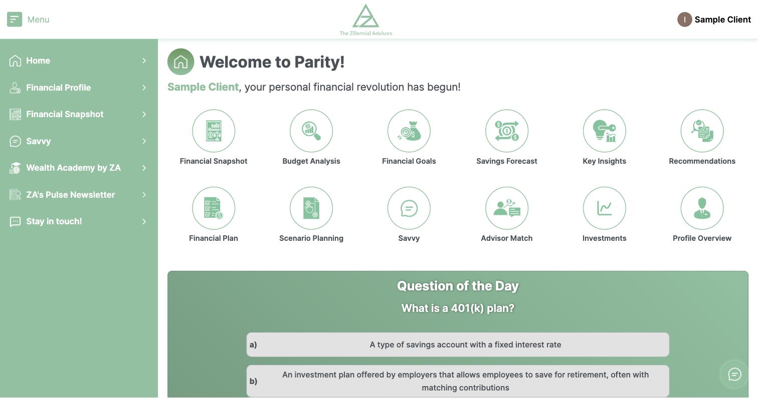 Parity home screen with feature tiles and question of the day