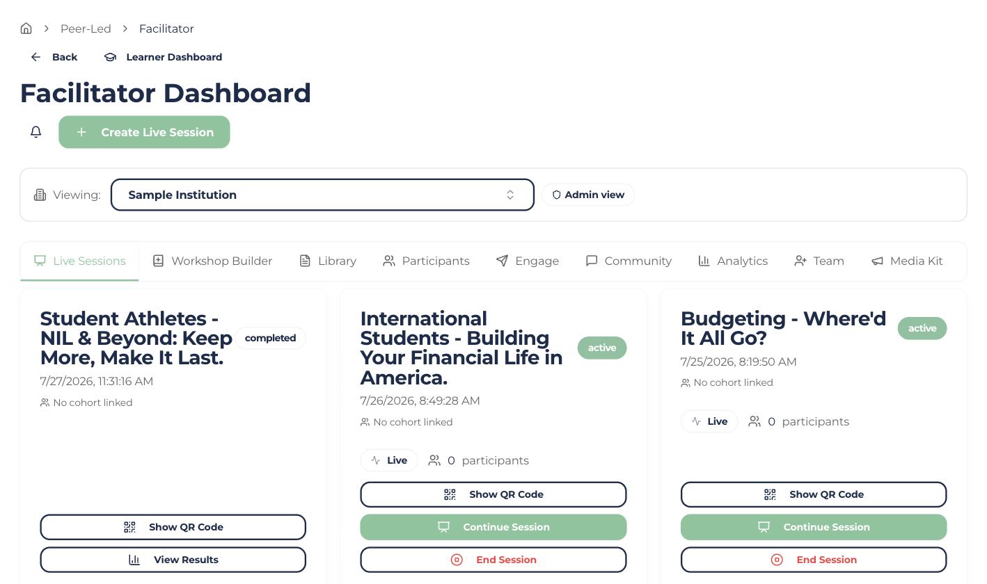 Wealth Academy facilitator dashboard with session tooling