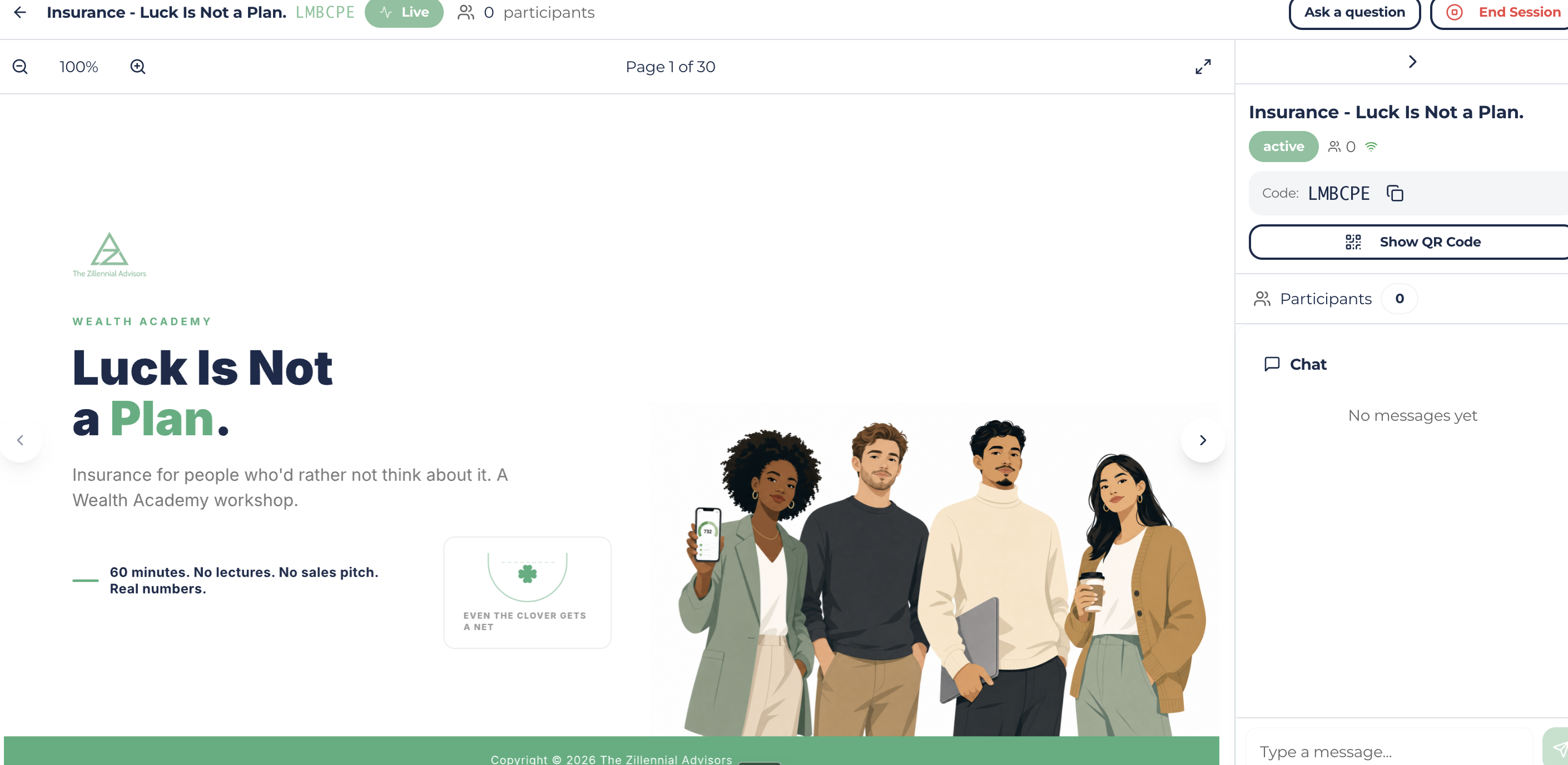 Live workshop session with join code, participant count and chat panel