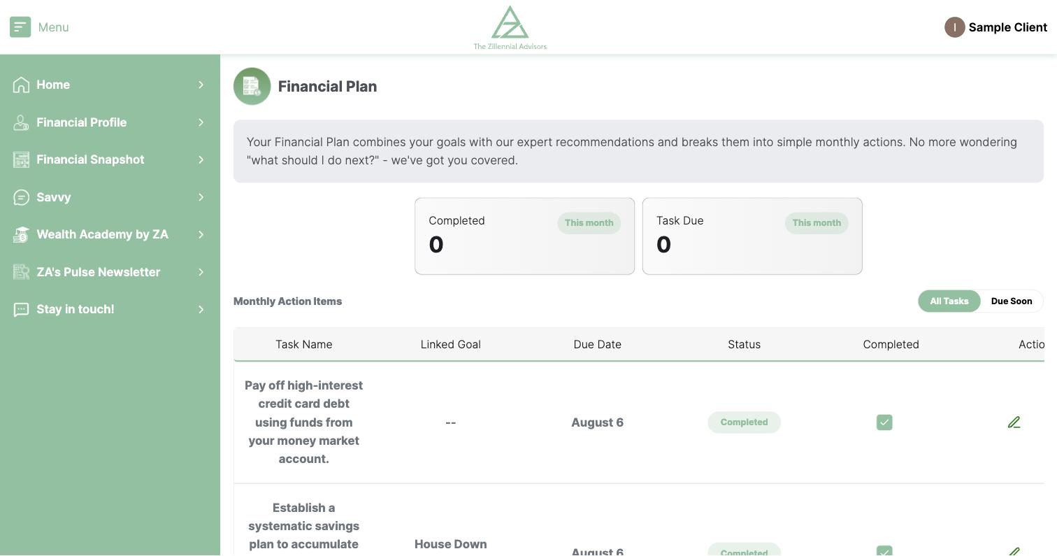 Parity monthly action items with due dates and completion status