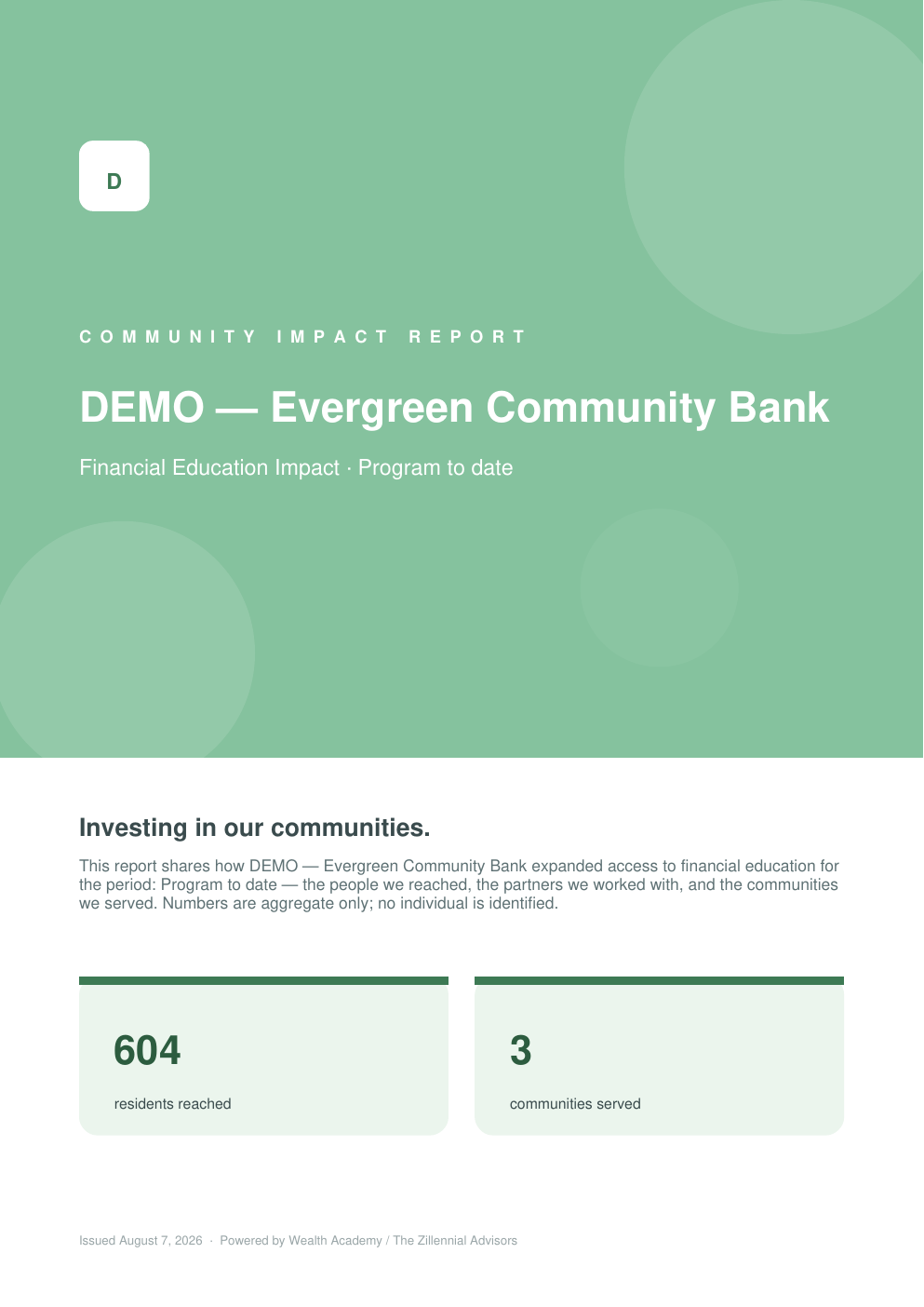 Community Impact Report cover page — DEMO Evergreen Community Bank, 604 residents reached and 3 communities served