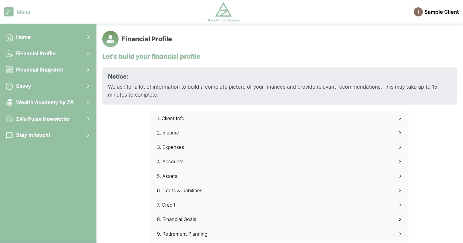 Parity financial profile intake listing sections from client info through retirement planning
