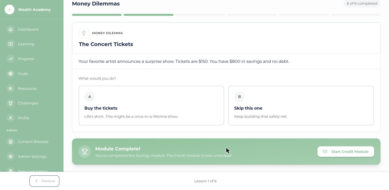 Wealth Academy Savings module Money Dilemmas lesson showing the Concert Tickets scenario with two trade-off choices