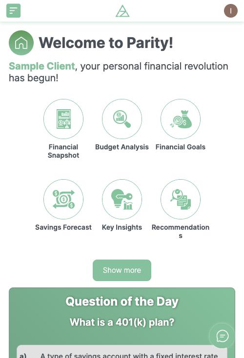 Parity mobile home screen showing feature tiles and the question of the day