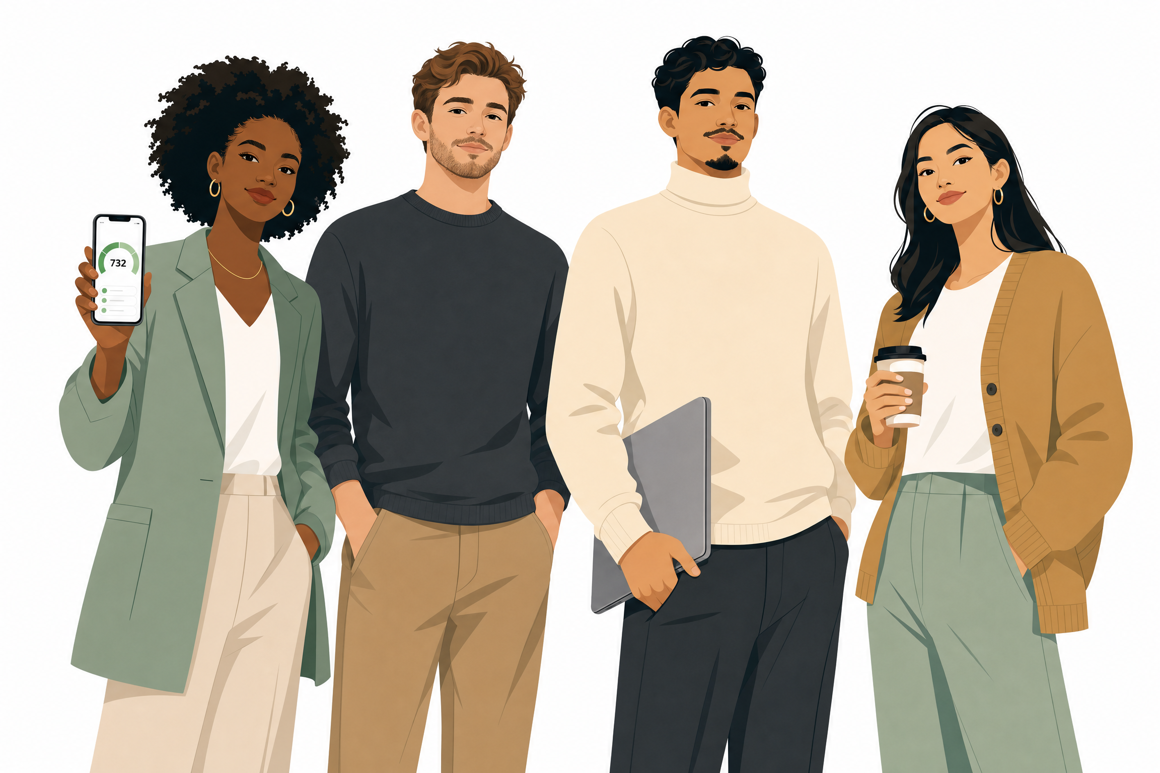 Illustration of four young adults, one holding a phone showing a credit score