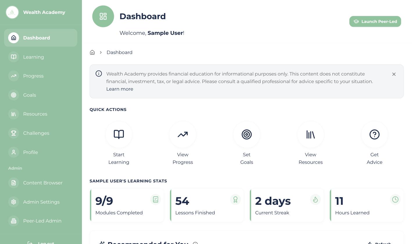 Wealth Academy learner dashboard showing quick actions and learning stats